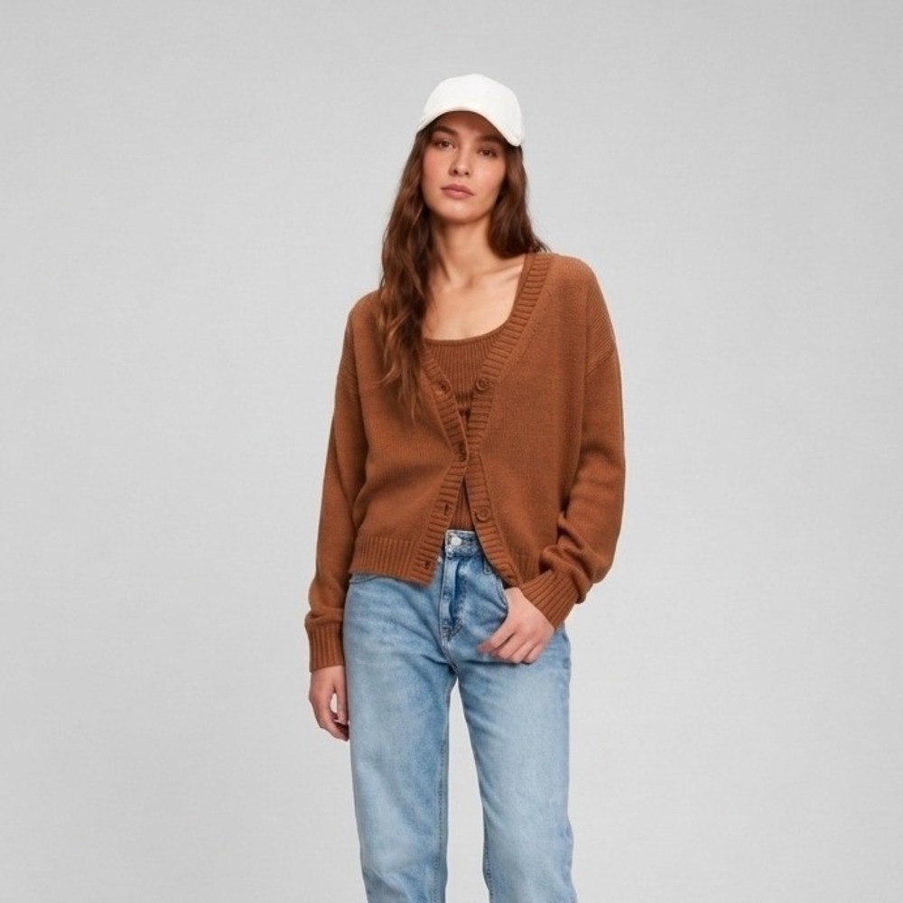 GAP Brazen Brown Cotton Linen Shaker Stitch V-Neck Cardigan Sweater S 802439-02